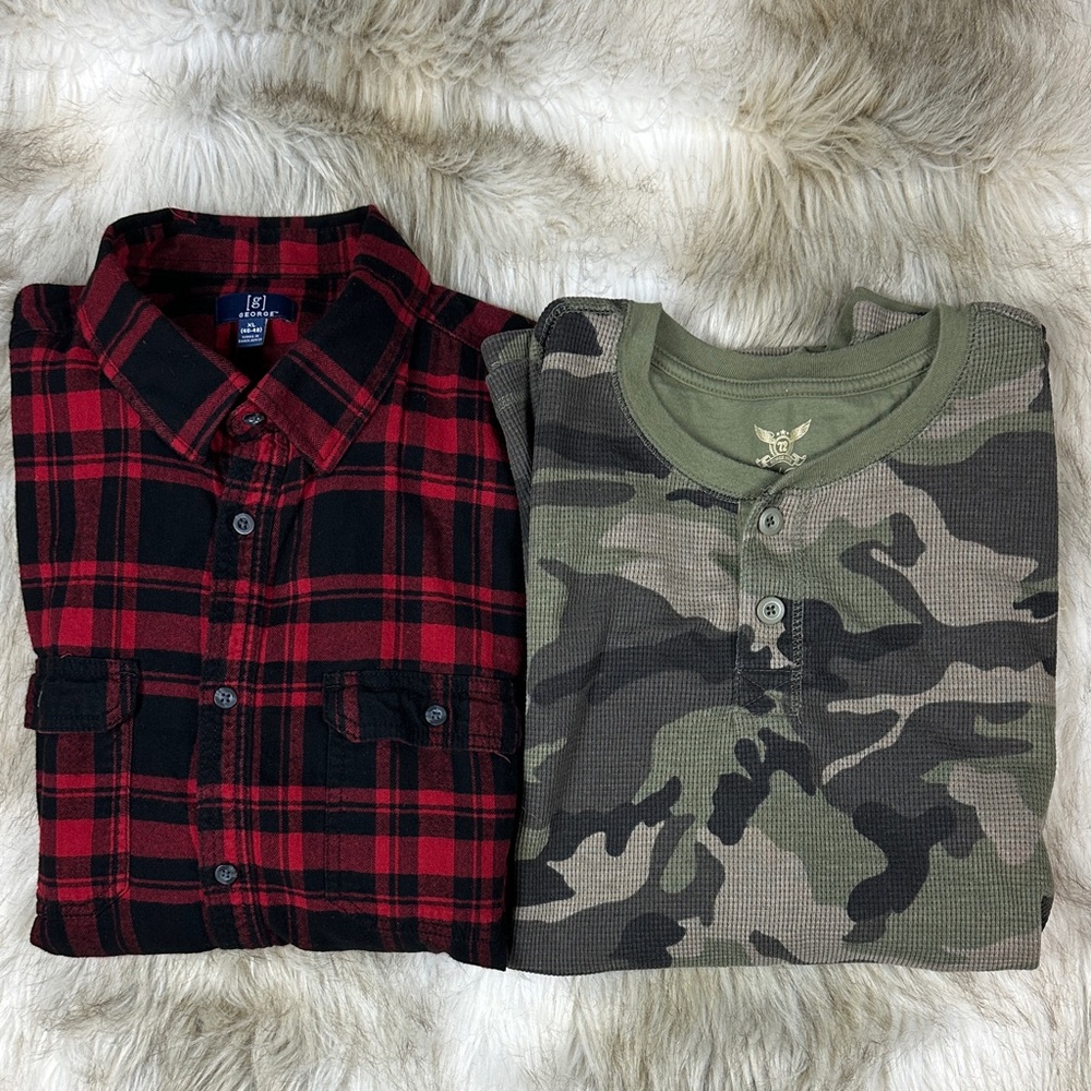 Men’s XL Shirt Bundle | Camo Waffle Henley & Red Plaid Flannel